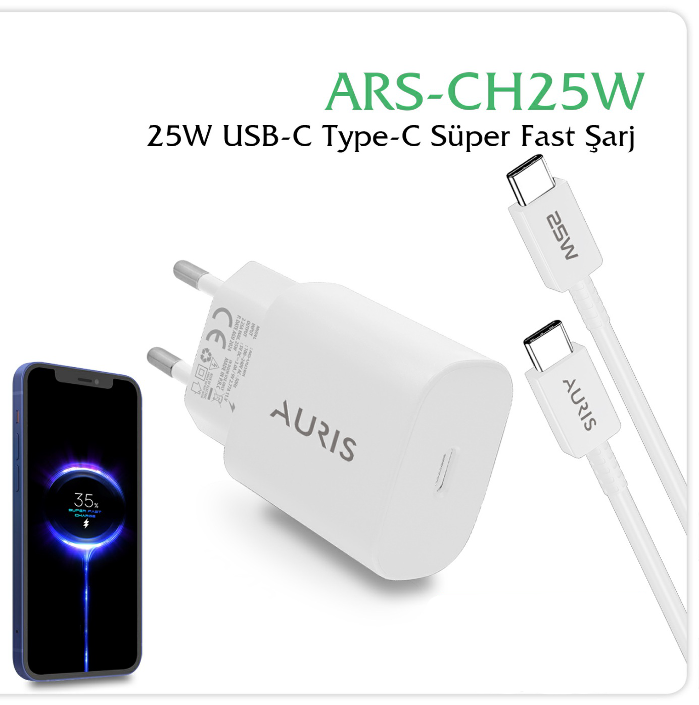 Auris CH25 25W USB-C Hızlı Şarj Cihazı ve Type-C – Type-C Kablo Seti Super Fast Beyaz